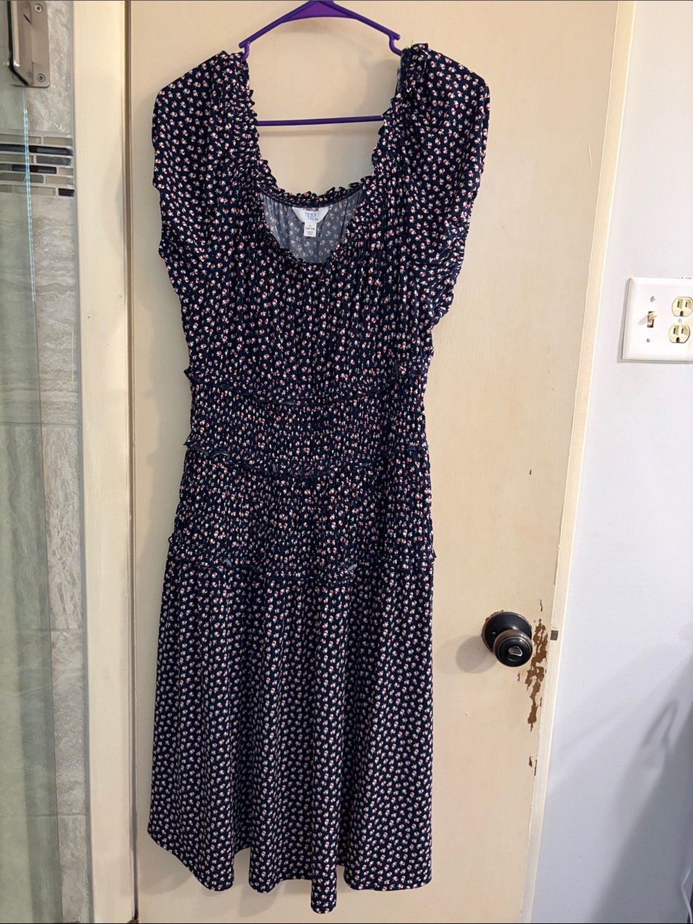 Time and Tru Navy Floral Smocked Midi Dress with Puff Sleeves